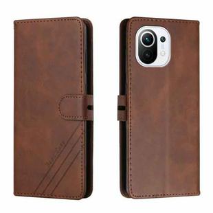 For Xiaomi Mi 11 Stitching Style 2-Color Cow Texture Horizontal Flip PU Leather Case with Holder & Card Slot & Lanyard(Brown)