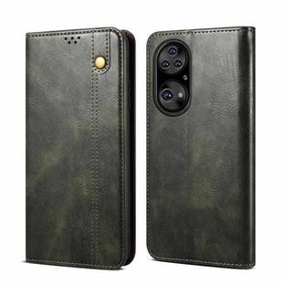 For Huawei P50 Simple Wax Crazy Horse Texture Horizontal Flip Leather Case with Card Slots & Holder(Dark Green)