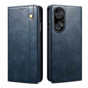 For Huawei P50 Pro Simple Wax Crazy Horse Texture Horizontal Flip Leather Case with Card Slots & Holder(Navy Blue)