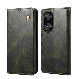 For Huawei P50 Pro Simple Wax Crazy Horse Texture Horizontal Flip Leather Case with Card Slots & Holder(Dark Green)