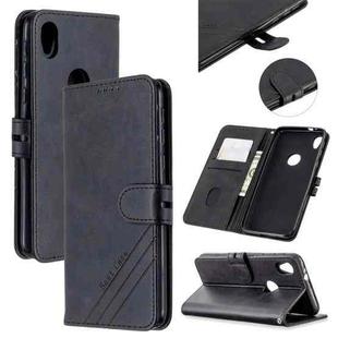 For Motorola Moto E6 Stitching Style 2-Color Cow Texture Horizontal Flip PU Leather Case with Holder & Card Slot & Lanyard(Black)