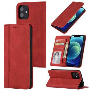 For iPhone 11 Pro Max Skin Feel Pressure Line Magnetic Horizontal Flip Leather Case with Holder & Card Slot & Wallet & Photo Frame (Red)