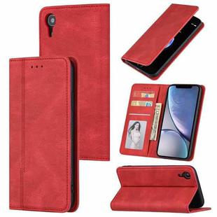 For iPhone X / XS Skin Feel Pressure Line Magnetic Horizontal Flip Leather Case with Holder & Card Slot & Wallet & Photo Frame(Red)