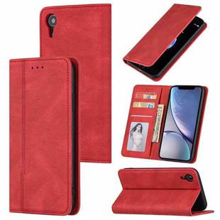 For iPhone XR Skin Feel Pressure Line Magnetic Horizontal Flip Leather Case with Holder & Card Slot & Wallet & Photo Frame(Red)