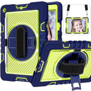 For iPad 10.2 2021 / 2020 / 2019 360 Degree Rotation Contrast Color Shockproof Silicone + PC Case with Holder & Hand Grip Strap & Shoulder Strap (Navy+Yellow Green)