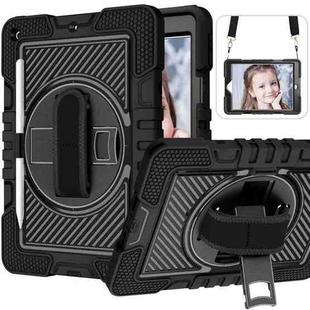 For iPad 10.2 2021 / 2020 / 2019 360 Degree Rotation Contrast Color Shockproof Silicone + PC Case with Holder & Hand Grip Strap & Shoulder Strap (Black)