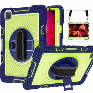 For iPad Pro 11 2022 / 2021 / 2020 / 2018 / Air 2020 10.9 360-Rotation Contrast Color Shockproof Silicone PC Tablet Case with Holder & Hand Grip Strap & Shoulder Strap (Navy+Yellow Green)