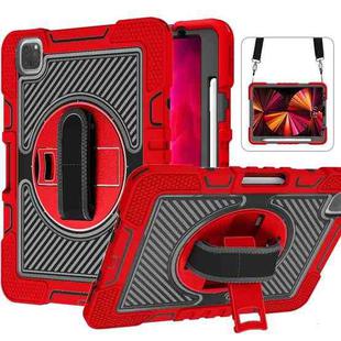 For iPad Pro 11 2022 / 2021 / 2020 / 2018 / Air 2020 10.9 360-Rotation Contrast Color Shockproof Silicone PC Tablet Case with Holder & Hand Grip Strap & Shoulder Strap (Red+Black)