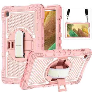 For Samsung Galaxy Tab A7 Lite T220 / T225 360 Degree Rotation Contrast Color Shockproof Silicone + PC Case with Holder & Hand Grip Strap & Shoulder Strap(Rose Gold)