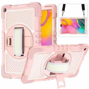 For Samsung Galaxy Tab A 10.1 2019 T515 360 Degree Rotation Contrast Color Shockproof Silicone + PC Case with Holder & Hand Grip Strap & Shoulder Strap(Rose Gold)