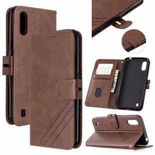 For Samsung Galaxy A01 Stitching Style 2-Color Cow Texture Horizontal Flip PU Leather Case with Holder & Card Slot & Lanyard(Brown)