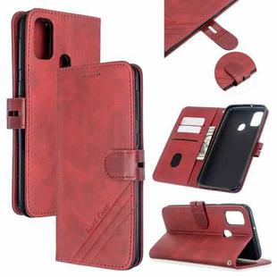 For Samsung Galaxy A21s Stitching Style 2-Color Cow Texture Horizontal Flip PU Leather Case with Holder & Card Slot & Lanyard(Red)
