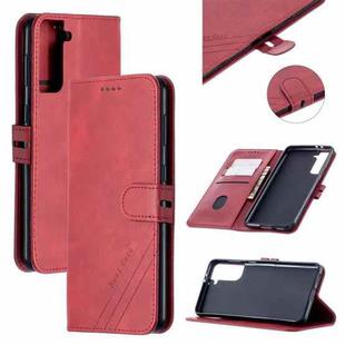 For Samsung Galaxy S21 5G Stitching Style 2-Color Cow Texture Horizontal Flip PU Leather Case with Holder & Card Slot & Lanyard(Red)