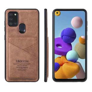 For Samsung Galaxy A21s TAOKKIM Retro Matte PU Leather + PC + TPU Shockproof Back Cover Case with Holder & Card Slot(Brown)