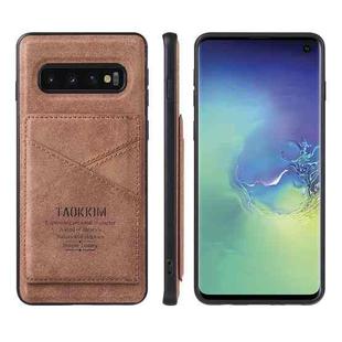 For Samsung Galaxy S10+ TAOKKIM Retro Matte PU Leather + PC + TPU Shockproof Back Cover Case with Holder & Card Slot(Brown)