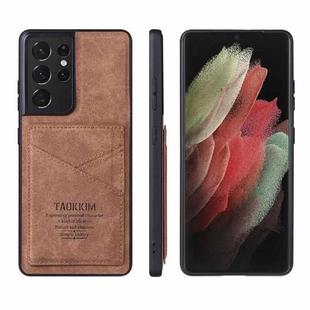 For Samsung Galaxy S21 Ultra 5G TAOKKIM Retro Matte PU Leather + PC + TPU Shockproof Back Cover Case with Holder & Card Slot(Brown)