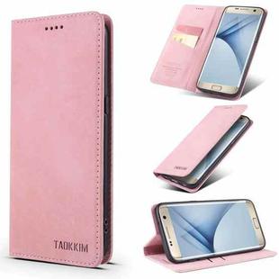 For Samsung Galaxy S7 Edge TAOKKIM Retro Matte PU Horizontal Flip Leather Case with Holder & Card Slots(Pink)