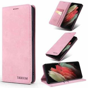 For Samsung Galaxy S21 Ultra 5G 5G TAOKKIM Retro Matte PU Horizontal Flip Leather Case with Holder & Card Slots(Pink)