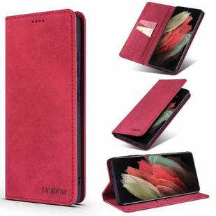 For Samsung Galaxy S21 Ultra 5G 5G TAOKKIM Retro Matte PU Horizontal Flip Leather Case with Holder & Card Slots(Red)