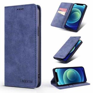 For iPhone 12 / 12 Pro TAOKKIM Retro Matte PU Horizontal Flip Leather Case with Holder & Card Slots(Blue)