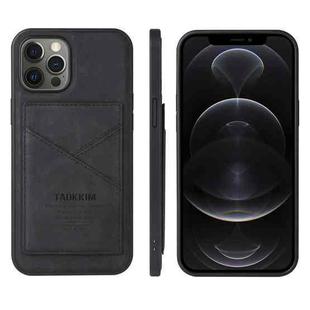 For iPhone 12 / 12 Pro TAOKKIM Retro Matte PU Leather + PC + TPU Shockproof Back Cover Case with Holder & Card Slot(Black)