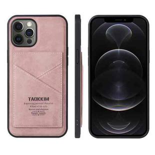 For iPhone 12 / 12 Pro TAOKKIM Retro Matte PU Leather + PC + TPU Shockproof Back Cover Case with Holder & Card Slot(Pink)