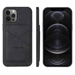 For iPhone 12 Pro Max TAOKKIM Retro Matte PU Leather + PC + TPU Shockproof Back Cover Case with Holder & Card Slot(Black)
