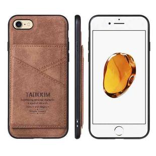 For iPhone SE 2022 / SE 2020 / 8 / 7 TAOKKIM Retro Matte PU Leather + PC + TPU Shockproof Back Cover Case with Holder & Card Slot(Brown)