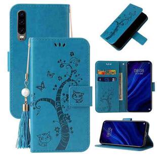 For Huawei P30 Embossed Lucky Tree Horizontal Flip Leather Case with Holder & Card Slot & Wallet & Lanyard(Blue)