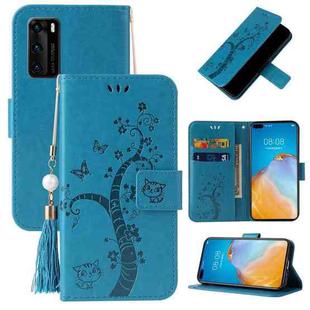 For Huawei P40 Embossed Lucky Tree Horizontal Flip Leather Case with Holder & Card Slot & Wallet & Lanyard(Blue)