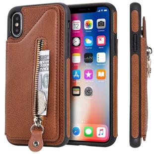 For iPhone X Solid Color Double Buckle Zipper Shockproof Protective Case(Brown)