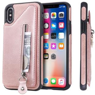 For iPhone X Solid Color Double Buckle Zipper Shockproof Protective Case(Rose Gold)