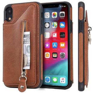 For iPhone XR Solid Color Double Buckle Zipper Shockproof Protective Case(Brown)