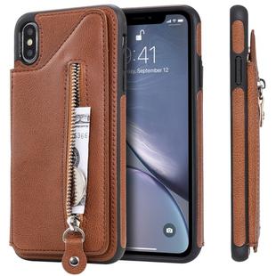 For iPhone XS Max Solid Color Double Buckle Zipper Shockproof Protective Case(Brown)