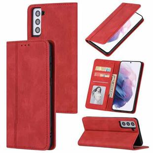 For Samsung Galaxy S21 5G Skin Feel Pressure Line Magnetic Horizontal Flip Leather Case with Holder & Card Slot & Wallet & Photo Frame(Red)