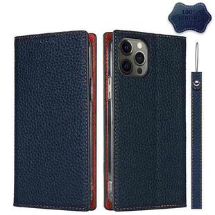 For iPhone 12 / 12 Pro Litchi Genuine Leather Phone Case(Dark Blue)