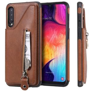 For Galaxy A50 Solid Color Double Buckle Zipper Shockproof Protective Case(Brown)