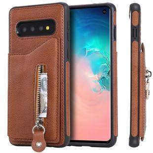 For Galaxy S10 Solid Color Double Buckle Zipper Shockproof Protective Case(Brown)