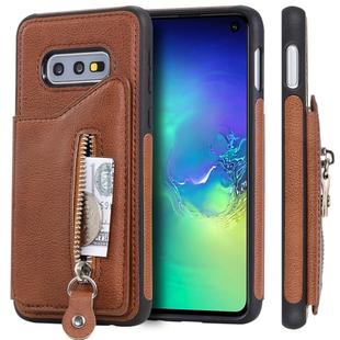 For Galaxy S10e Solid Color Double Buckle Zipper Shockproof Protective Case(Brown)