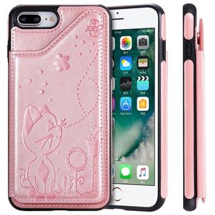 For iPhone 8 Plus / 7 Plus Cat Bee Embossing Pattern Shockproof Protective Case with Card Slots & Photo Frame(Rose Gold)