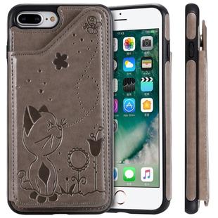 For iPhone 8 Plus / 7 Plus Cat Bee Embossing Pattern Shockproof Protective Case with Card Slots & Photo Frame(Grey)
