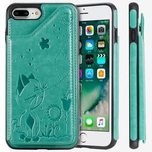 For iPhone 8 Plus / 7 Plus Cat Bee Embossing Pattern Shockproof Protective Case with Card Slots & Photo Frame(Green)