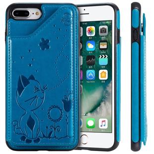 For iPhone 8 Plus / 7 Plus Cat Bee Embossing Pattern Shockproof Protective Case with Card Slots & Photo Frame(Blue)