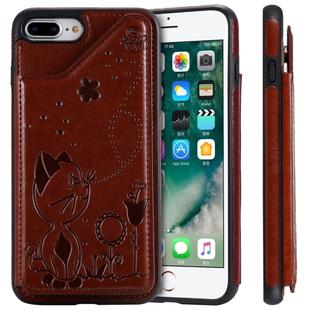 For iPhone 8 Plus / 7 Plus Cat Bee Embossing Pattern Shockproof Protective Case with Card Slots & Photo Frame(Brown)