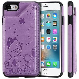 For iPhone SE 2022 / SE 2020 / 8 / 7 Cat Bee Embossing Pattern Shockproof Protective Case with Card Slots & Photo Frame(Purple)