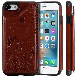 For iPhone SE 2022 / SE 2020 / 8 / 7 Cat Bee Embossing Pattern Shockproof Protective Case with Card Slots & Photo Frame(Brown)