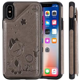 For iPhone X Cat Bee Embossing Pattern Shockproof Protective Case with Card Slots & Photo Frame(Grey)