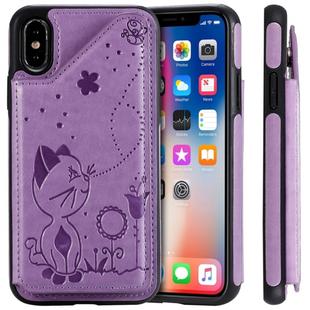 For iPhone X Cat Bee Embossing Pattern Shockproof Protective Case with Card Slots & Photo Frame(Purple)