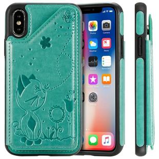 For iPhone X Cat Bee Embossing Pattern Shockproof Protective Case with Card Slots & Photo Frame(Green)