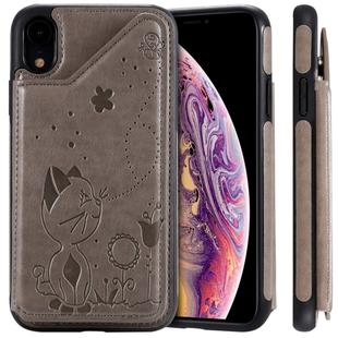 For iPhone XR Cat Bee Embossing Pattern Shockproof Protective Case with Card Slots & Photo Frame(Grey)